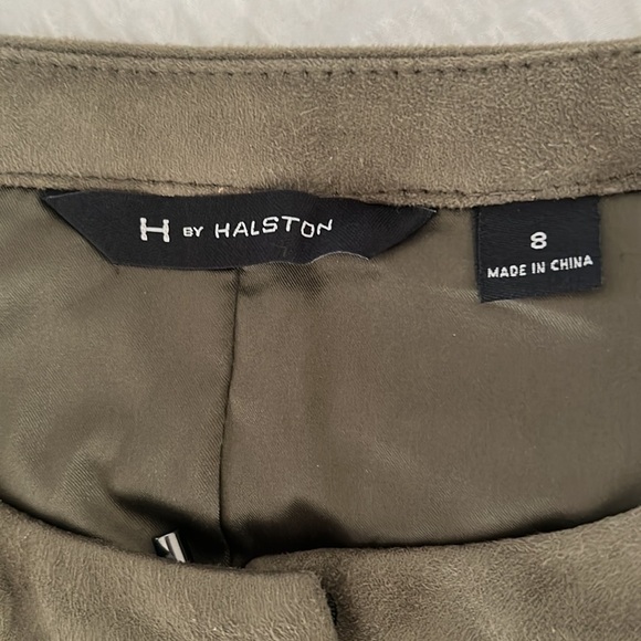 H by Halston Olive Green Faux Suede Knit Sleeve Belted Collarless Jacket Size 8 - Picture 10 of 16